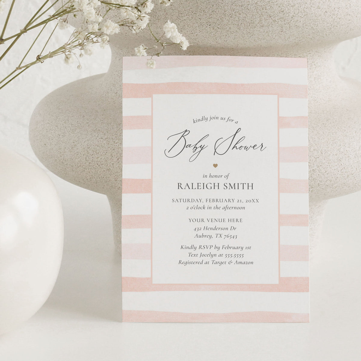 Pink Watercolor Stripe Little Sweetheart Baby Shower Invitation