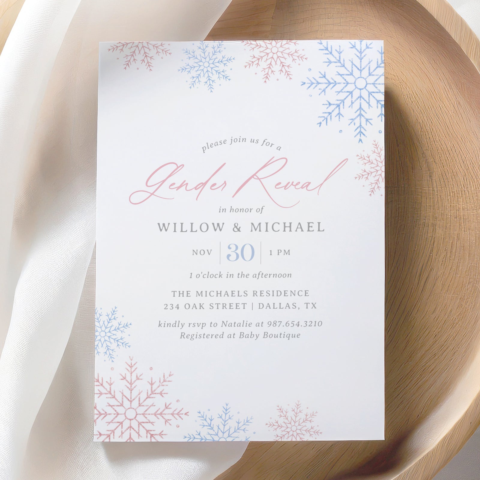 Editable Winter Snowflake Gender Reveal Invitation Template