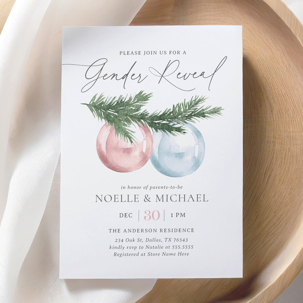 Editable Winter Ornament Gender Reveal Invitation Template