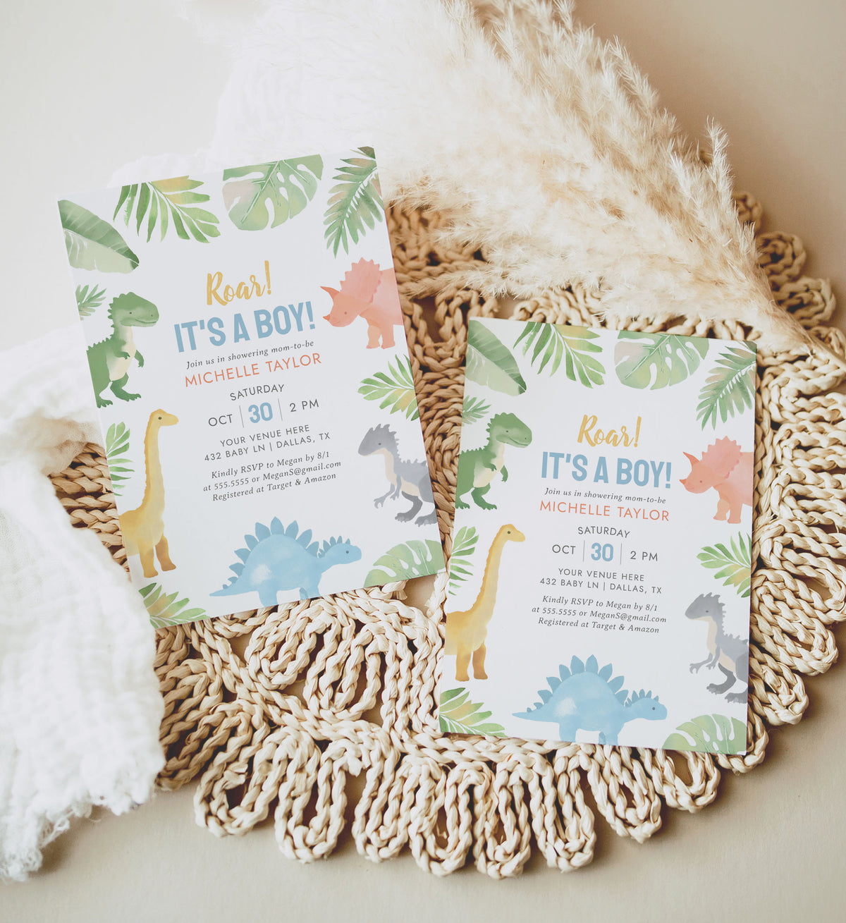 Watercolor Dinosaur Baby Shower Invitation Template