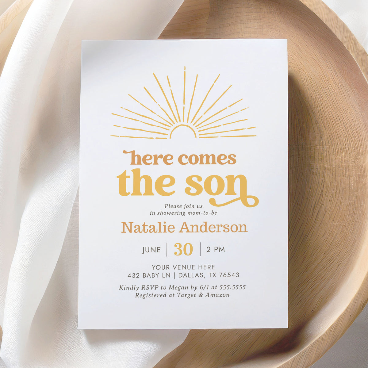 Editable Here Comes the Son Baby Shower Invitation Template