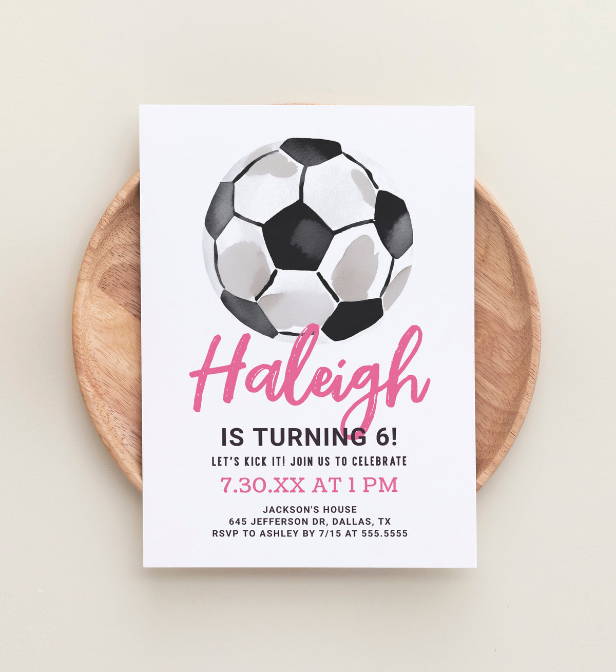 Editable Pink Soccer Birthday Invitation
