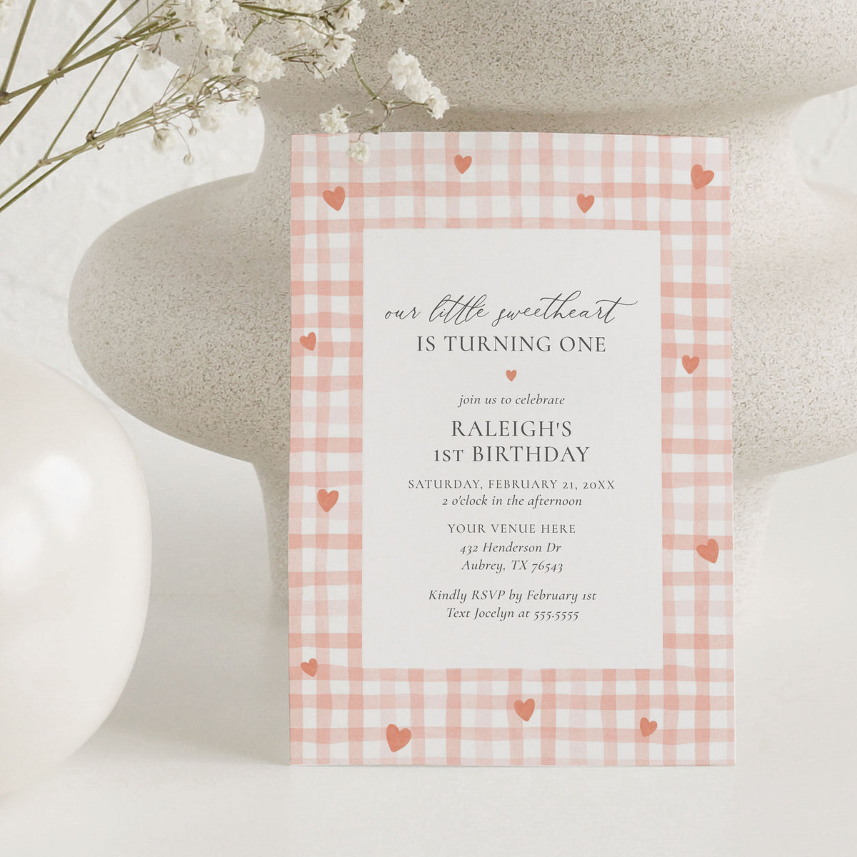 Editable Little Sweetheart Gingham Birthday Invitation Template