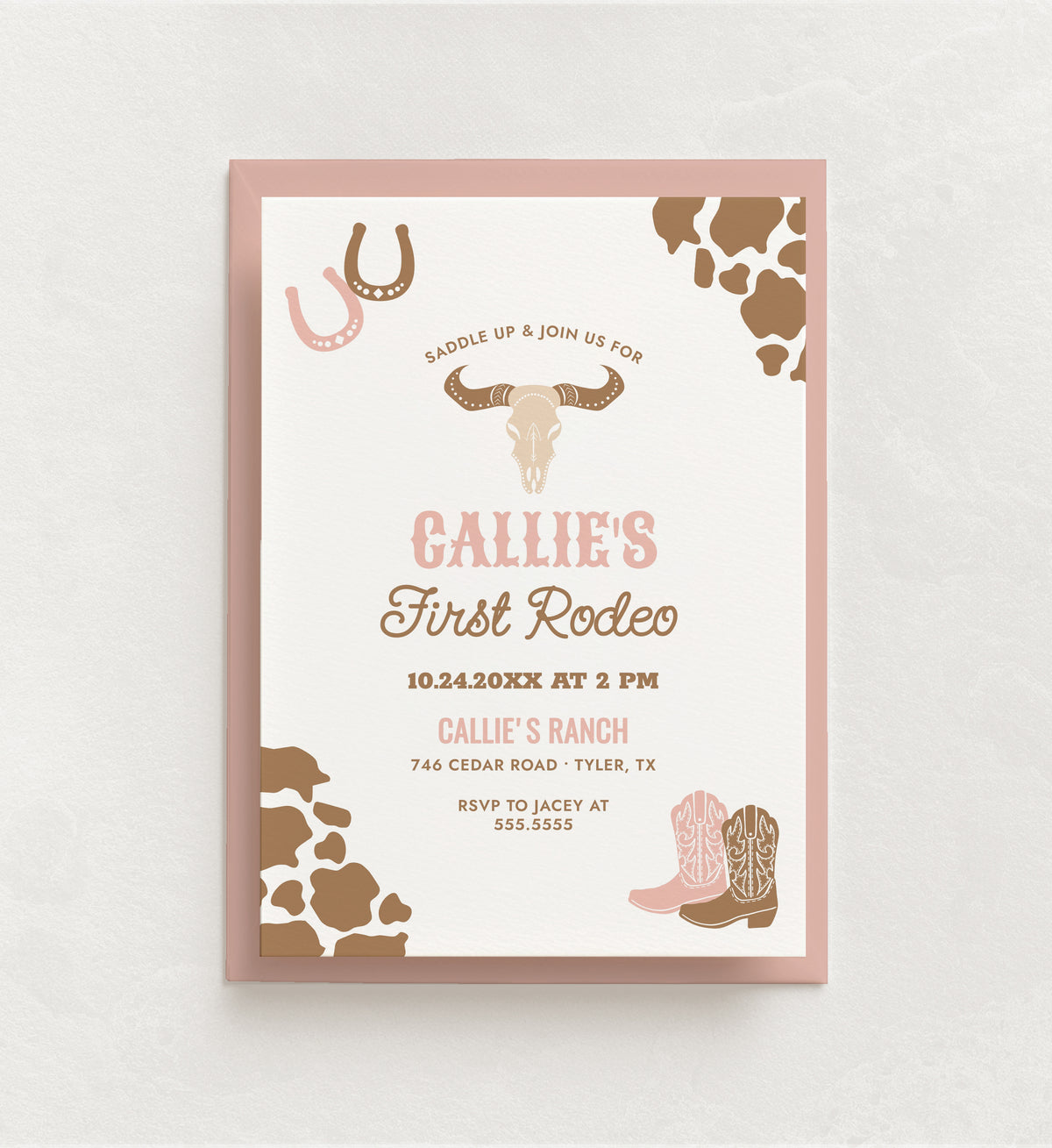Editable Pink First Rodeo Birthday Party Invitation Template
