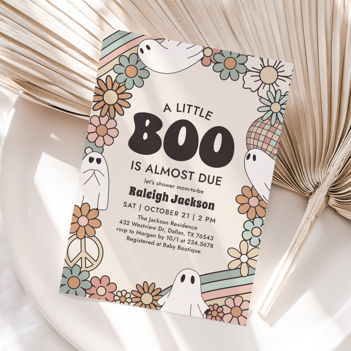 Little Boo Retro Ghost Baby Shower Invitation Template (Neutral)