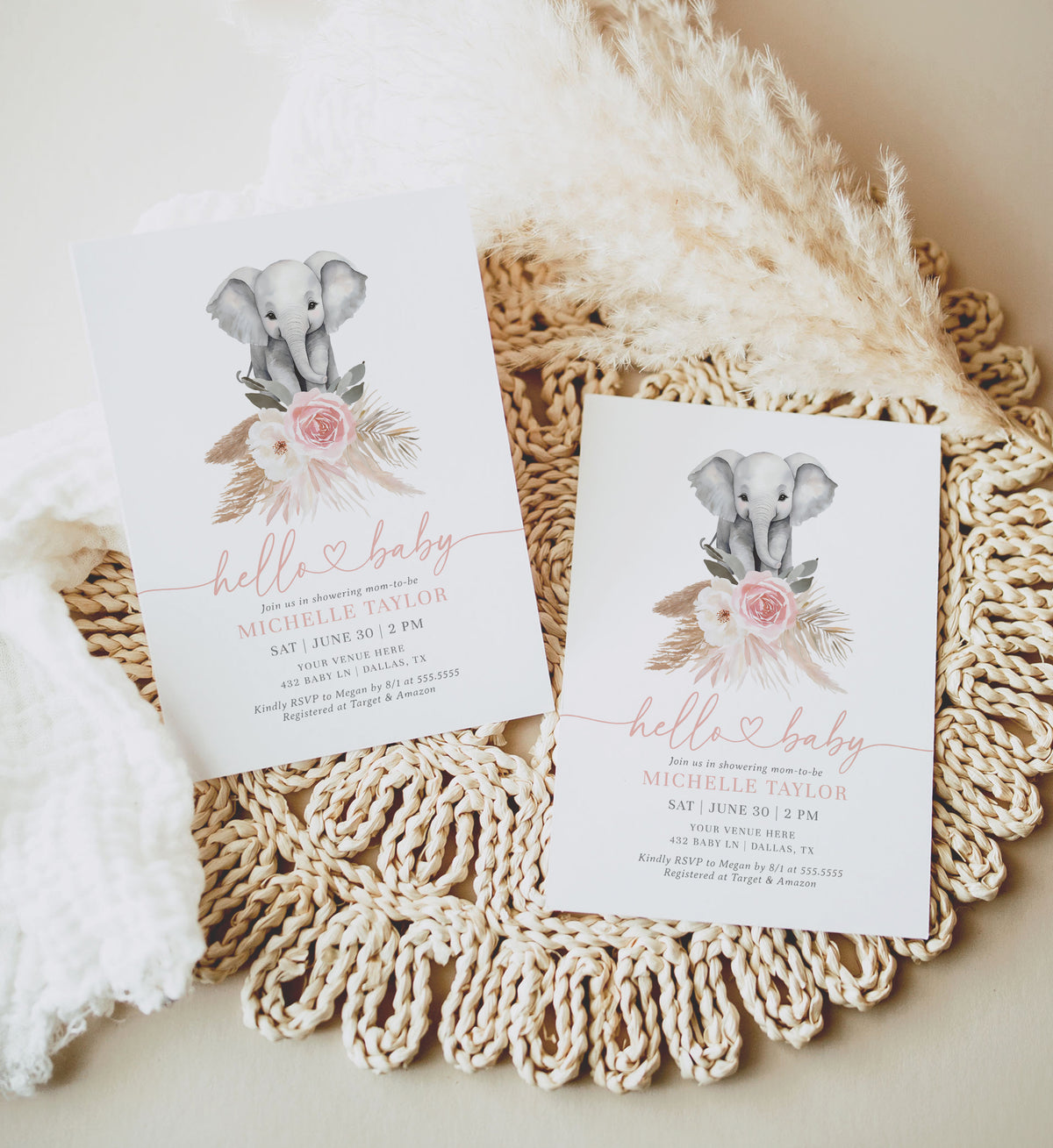 Pink Floral Pampas Grass Elephant Baby Shower Invitation