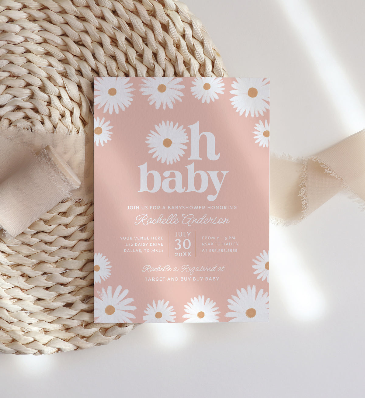 Oh Baby Pink Daisy Baby Shower Invitation Template
