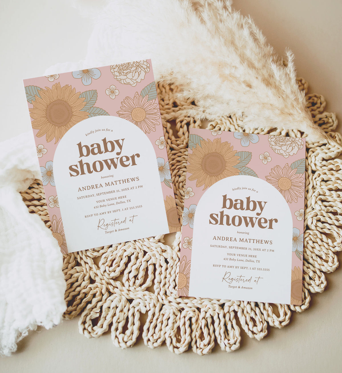 Editable Retro Wildflower Baby Shower Invitation Template