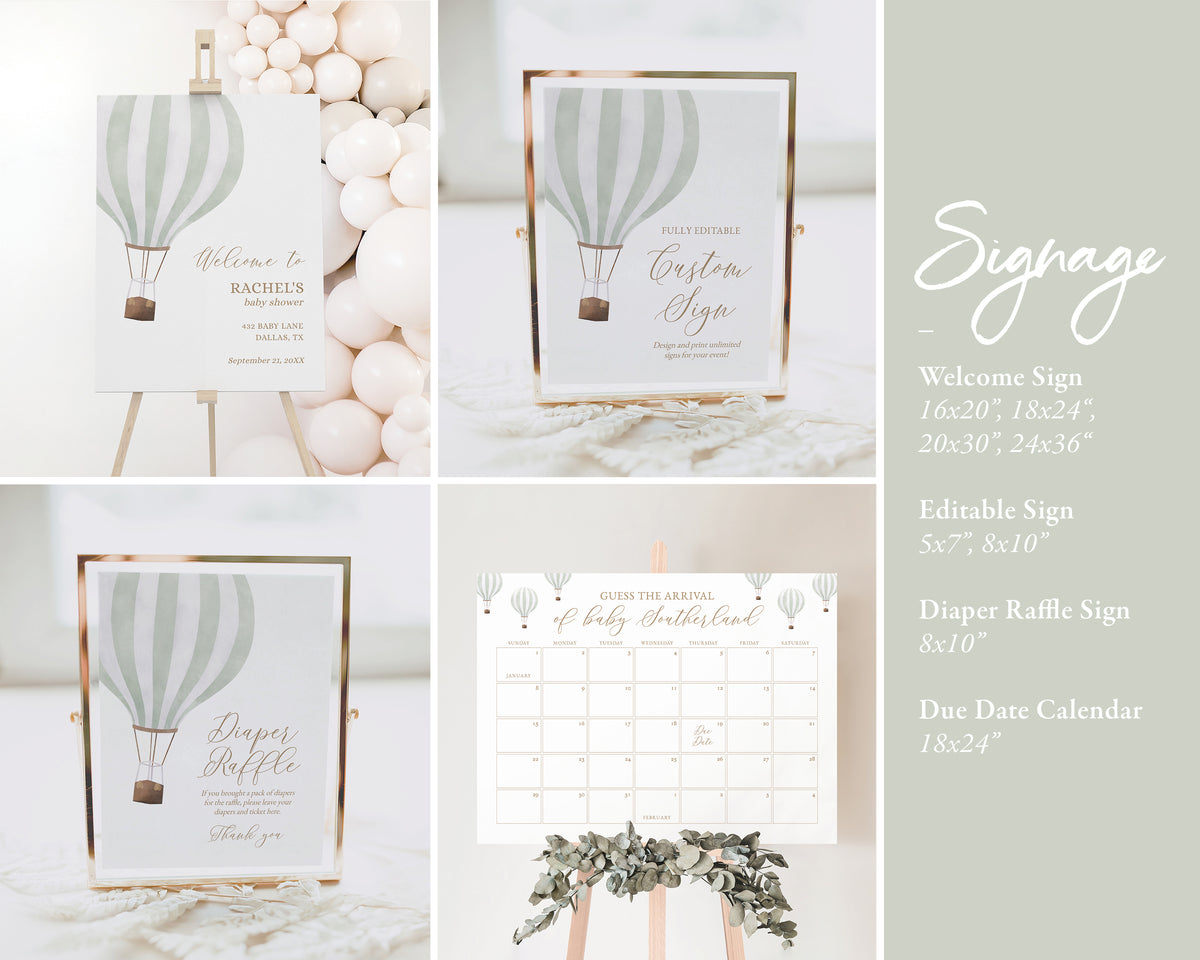 Editable Green Hot Air Balloon Baby Shower Invitation Bundle