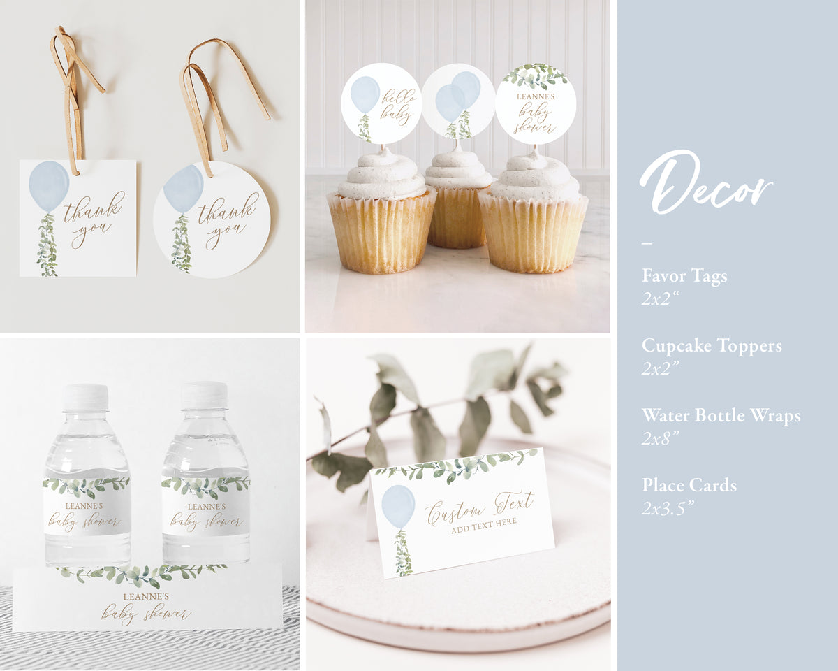 Editable Blue Balloon Baby Shower Invitation Bundle