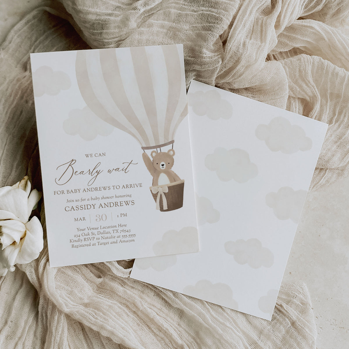 Editable Neutral Teddy Bear Hot Air Balloon Baby Shower Invitation Template