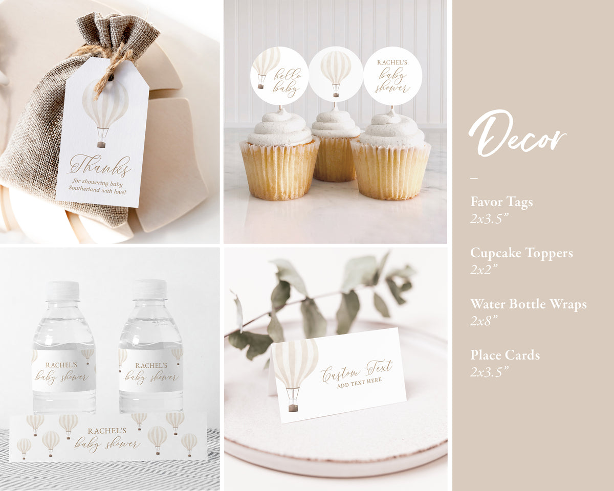 Editable Beige Hot Air Balloon Baby Shower Invitation Bundle