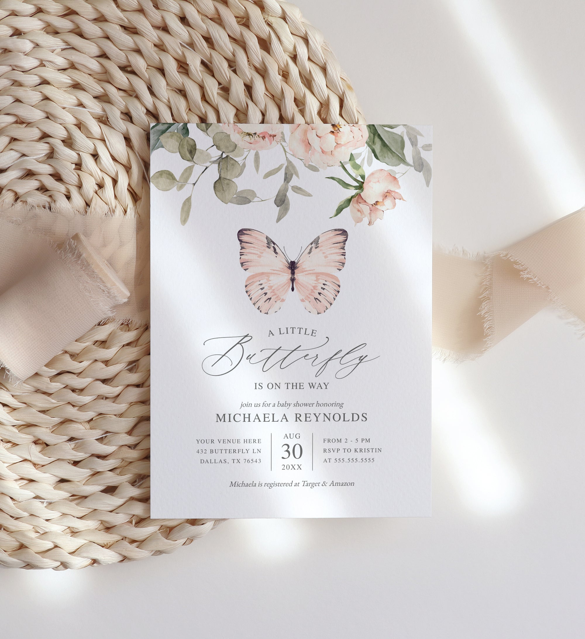 Editable Pink Butterfly Baby Shower Invitation Template