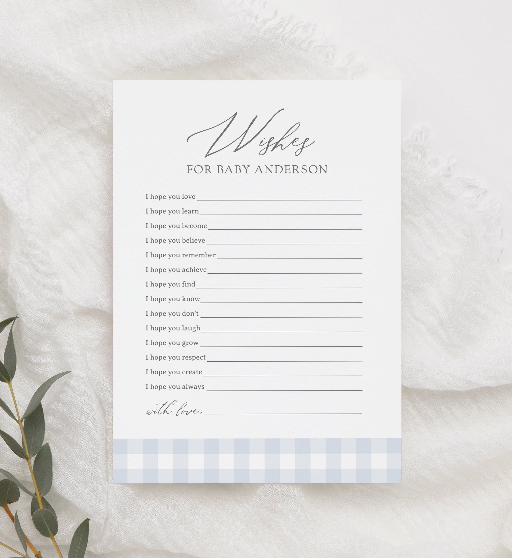 Editable Blue Gingham Baby Shower Wishes for Baby Template