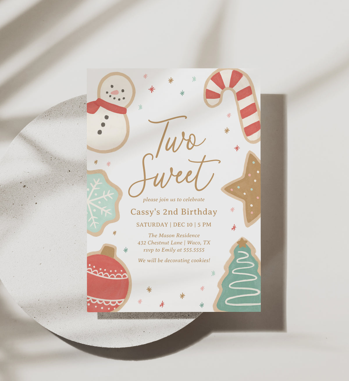 Editable Two Sweet Christmas Cookie Birthday Invitation Template