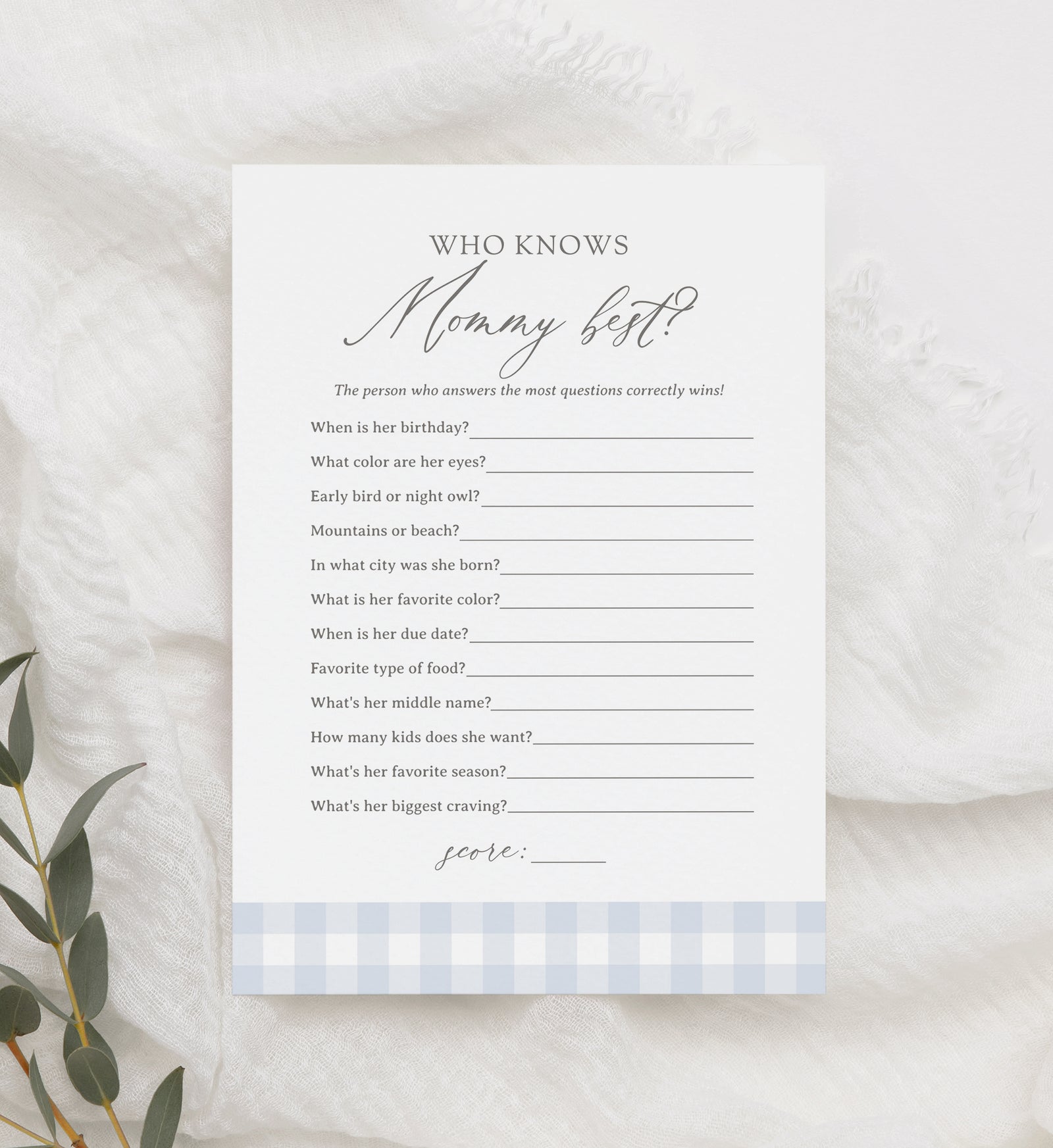 Editable Blue Gingham Baby Shower Who Knows Mommy Best Template