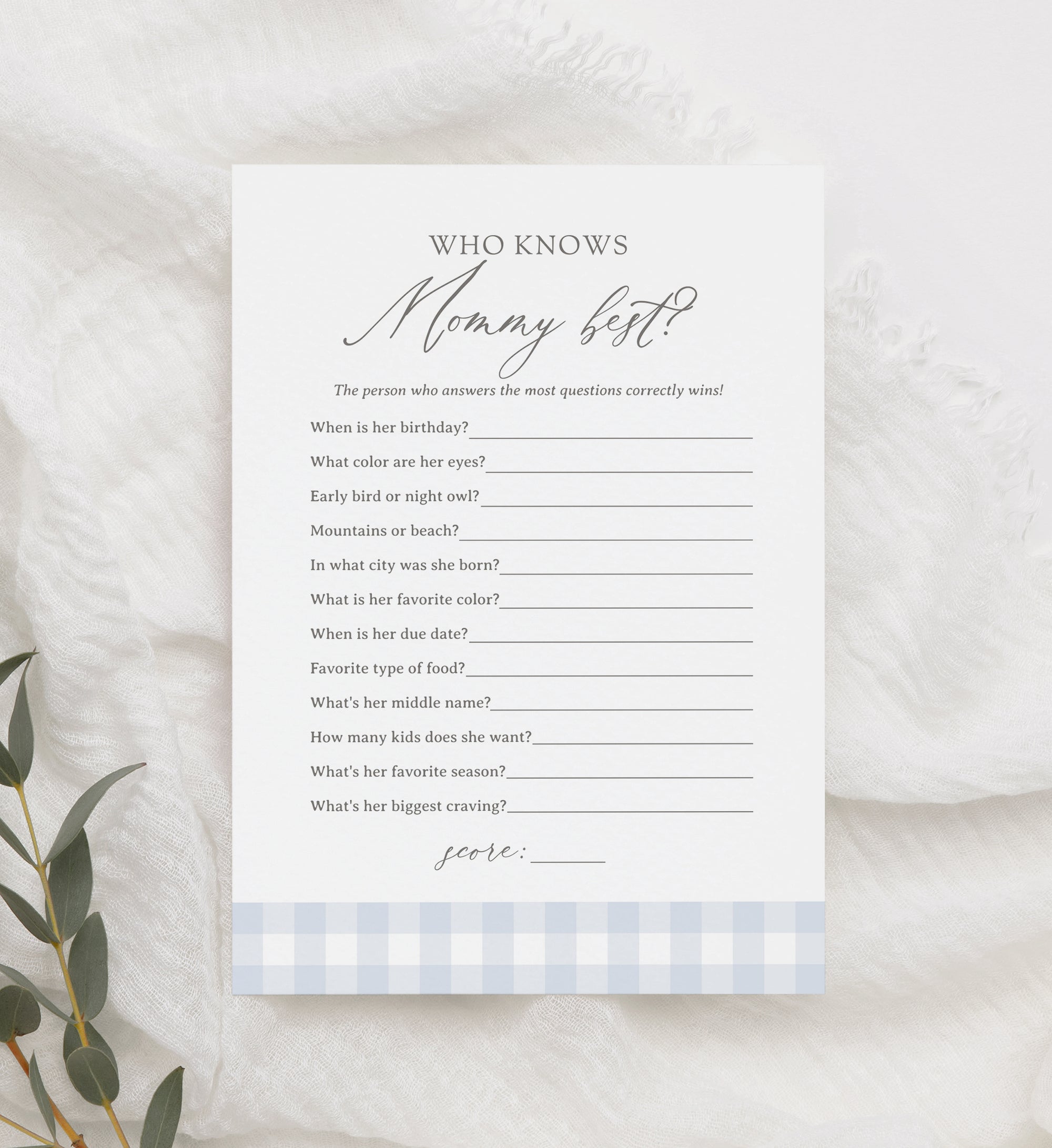 Editable Blue Gingham Baby Shower Who Knows Mommy Best Template