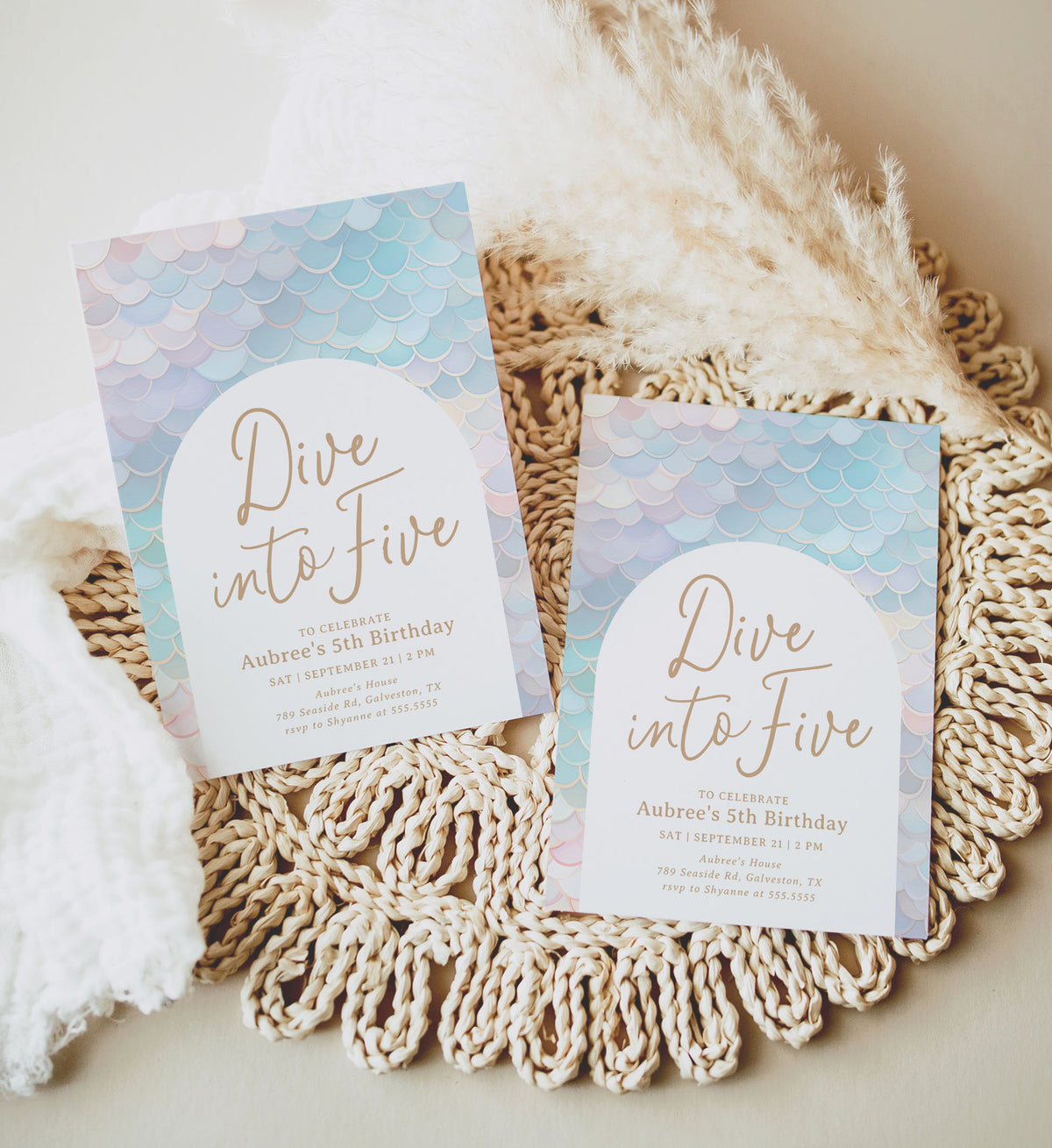 Editable Mermaid Scales 5th Birthday Invitation Template