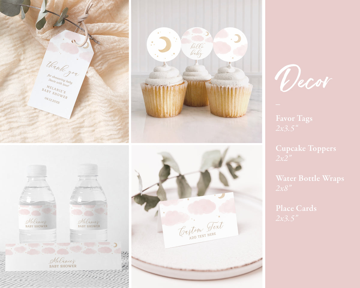 Editable Pink Over the Moon Baby Shower Invitation Bundle