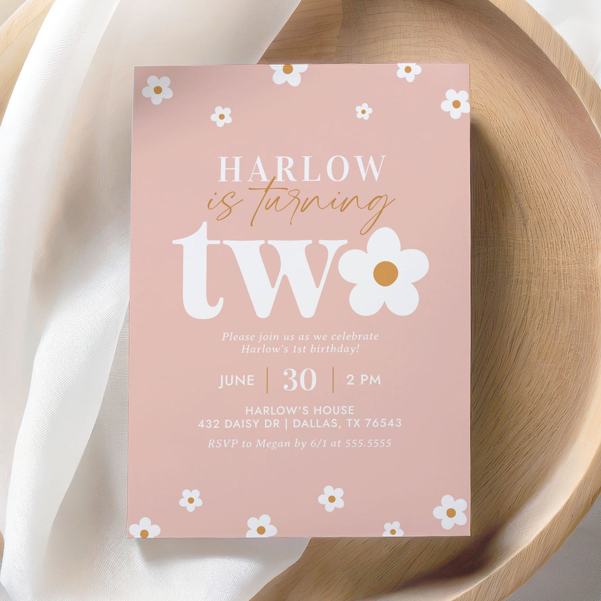 Editable Pink Daisy 2nd Birthday Invitation Template