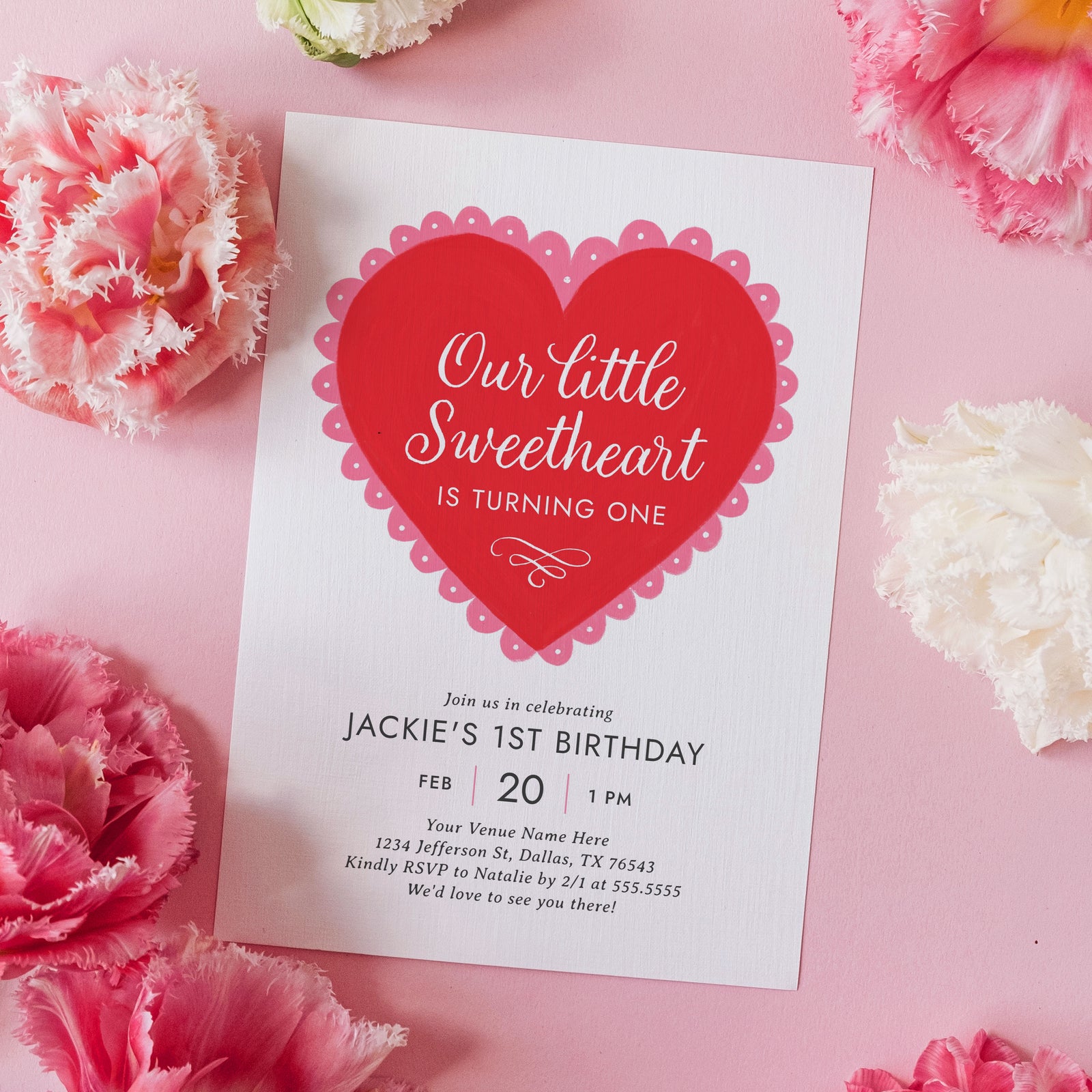 Little Sweetheart Red Lace Heart Birthday Invitation