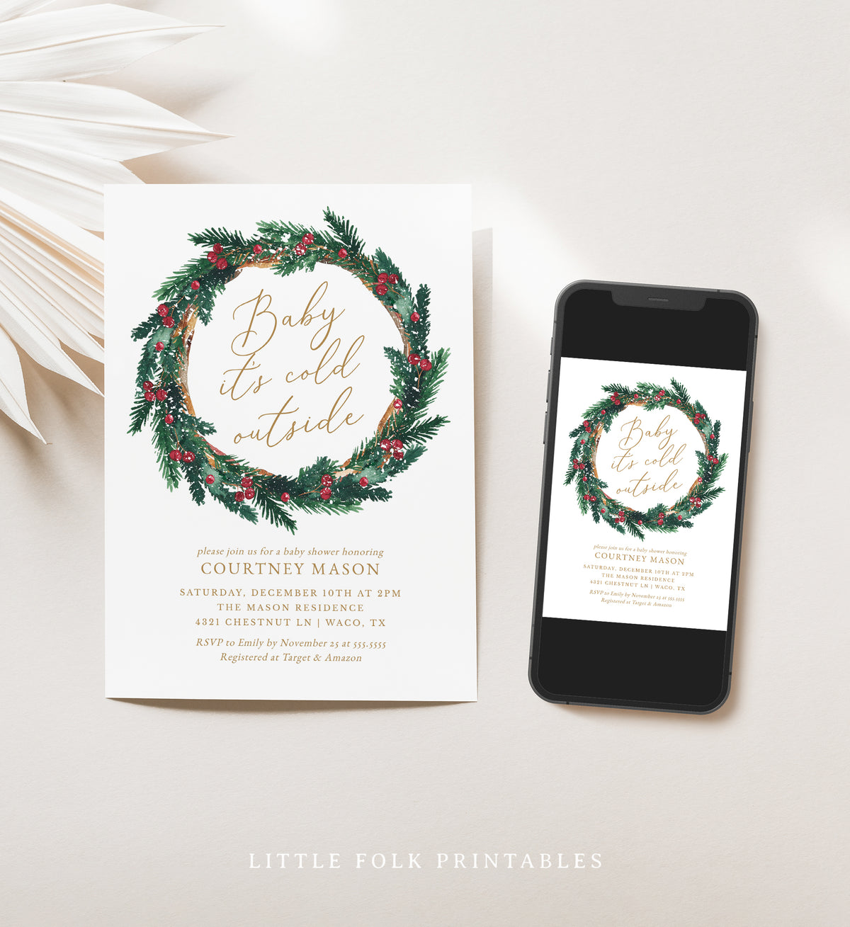 Christmas Wreath Baby Shower Invitation
