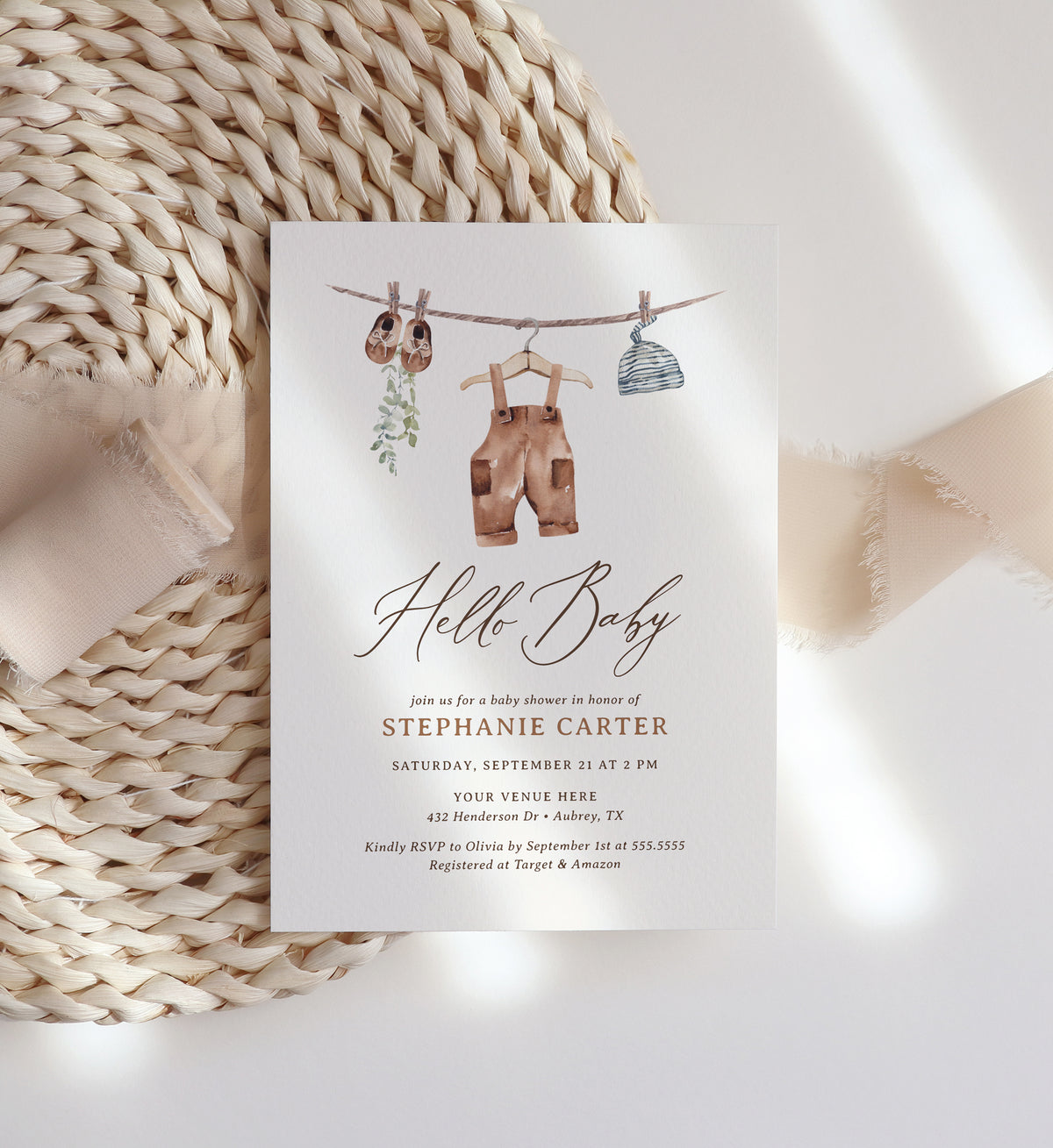 Editable Boho Boy Baby Clothes Baby Shower Invitation Template