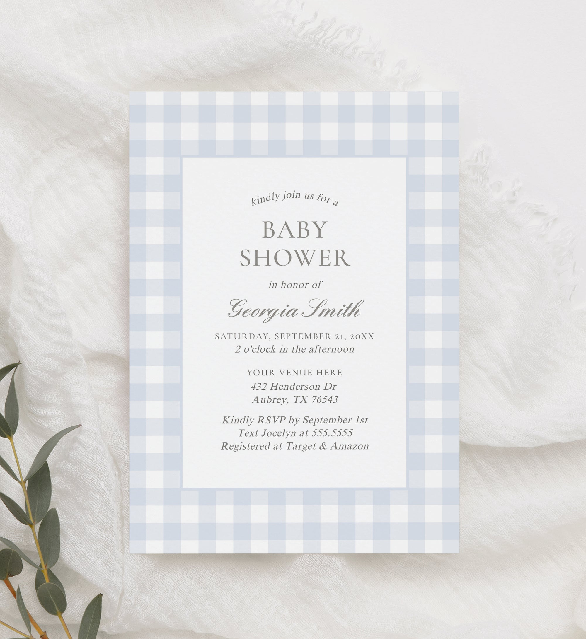 Editable Blue Gingham Baby Shower Invitation Template