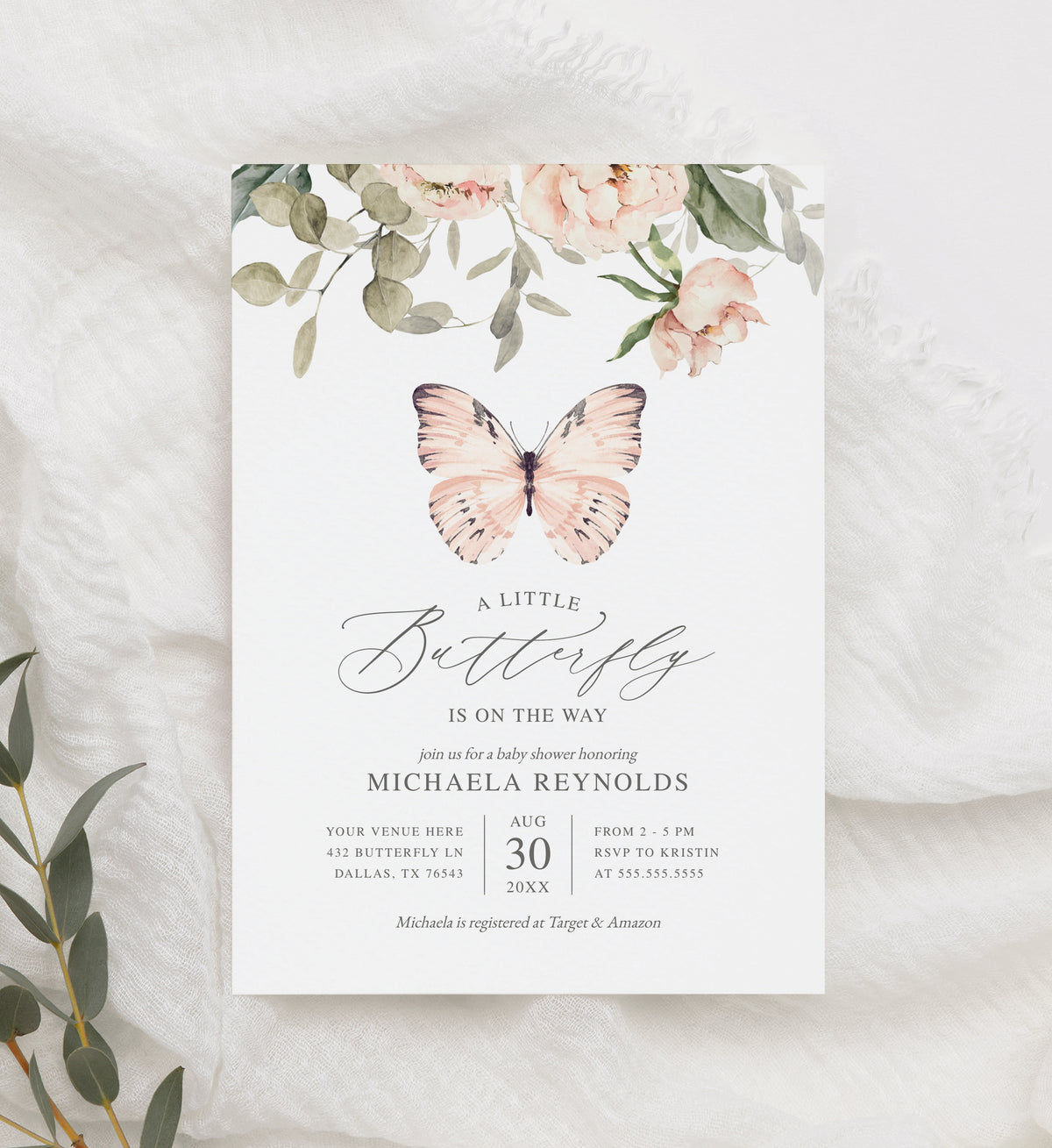 Editable Pink Butterfly Baby Shower Invitation Template