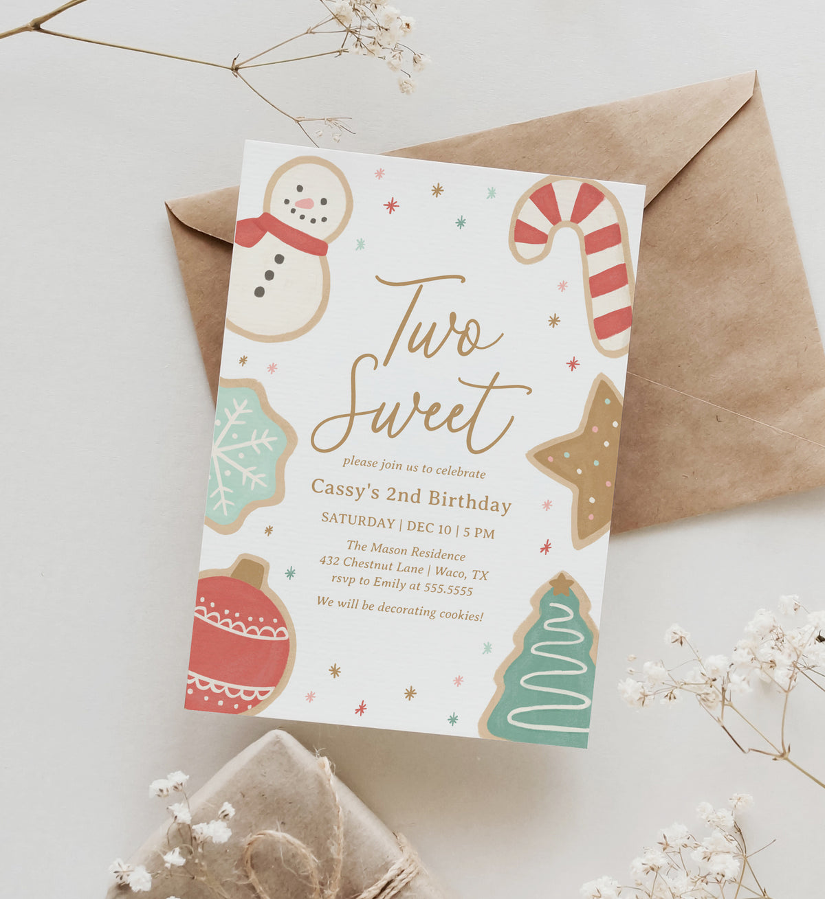 Editable Two Sweet Christmas Cookie Birthday Invitation Template