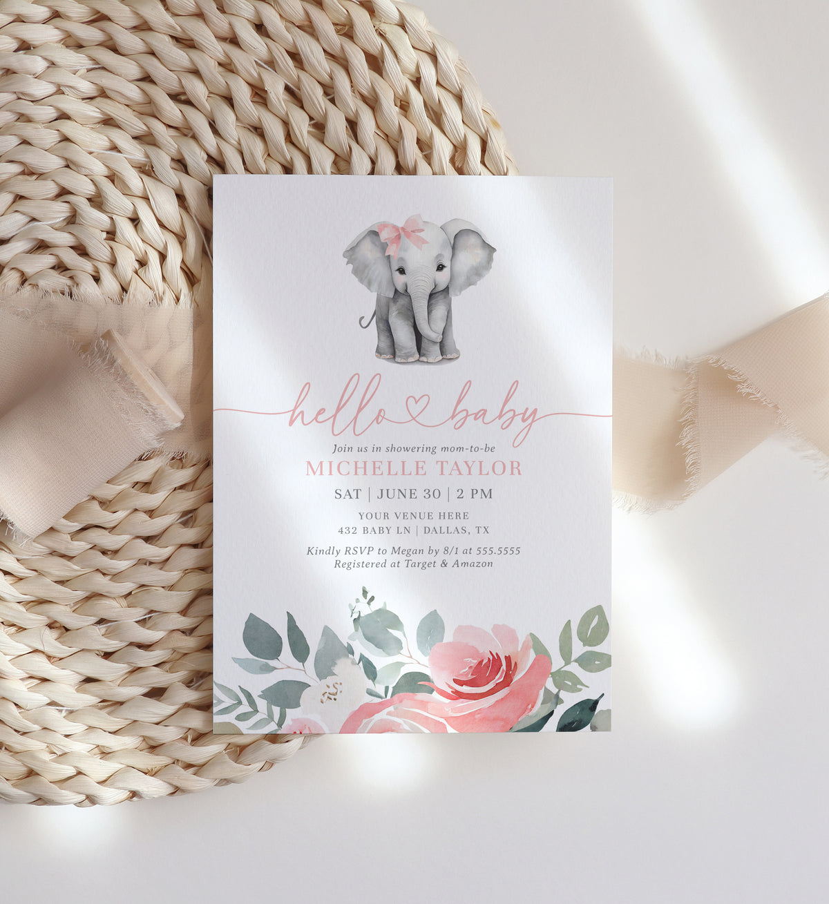 Pink Floral Elephant Baby Shower Invitation