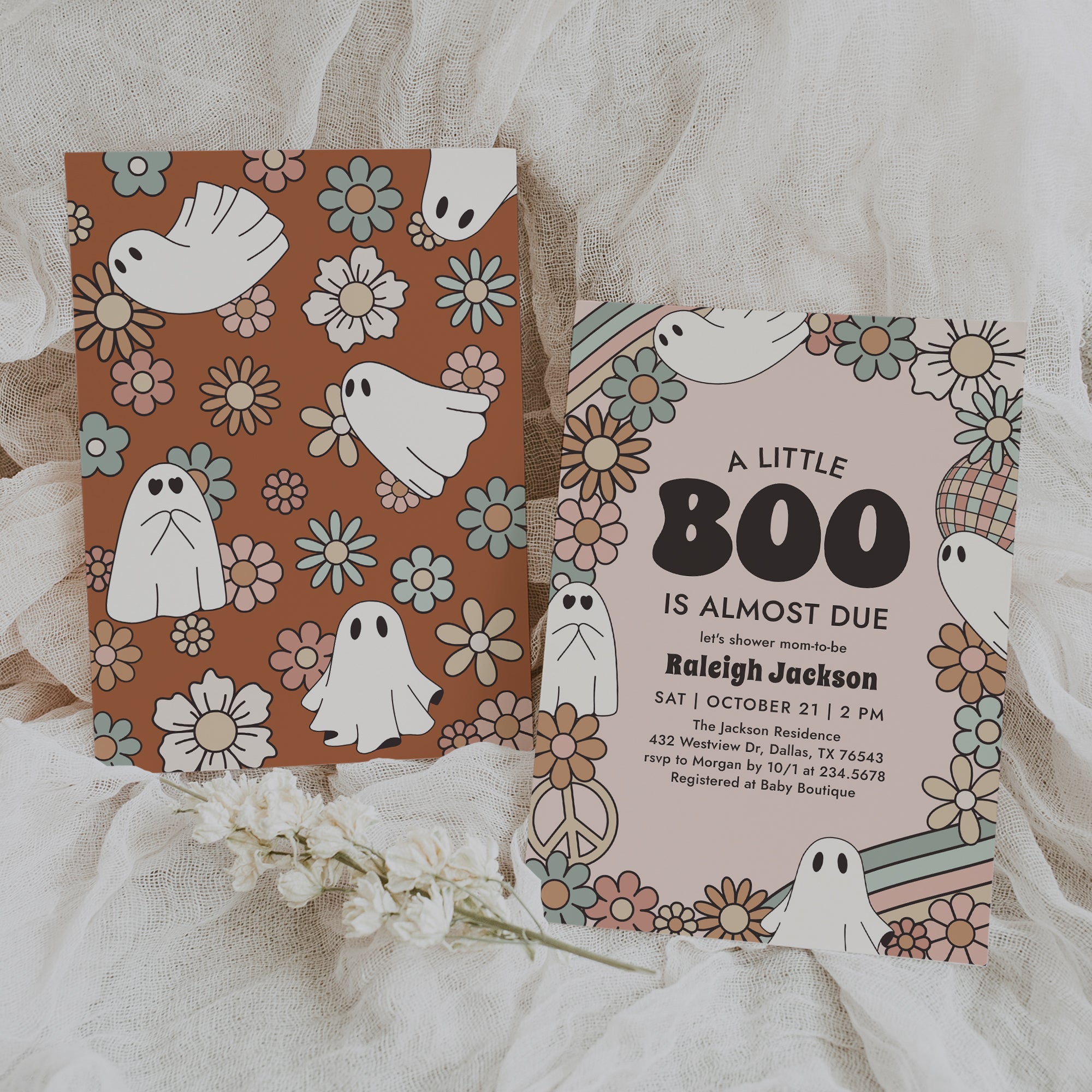 Little Boo Retro Ghost Baby Shower Invitation Template (Pink)