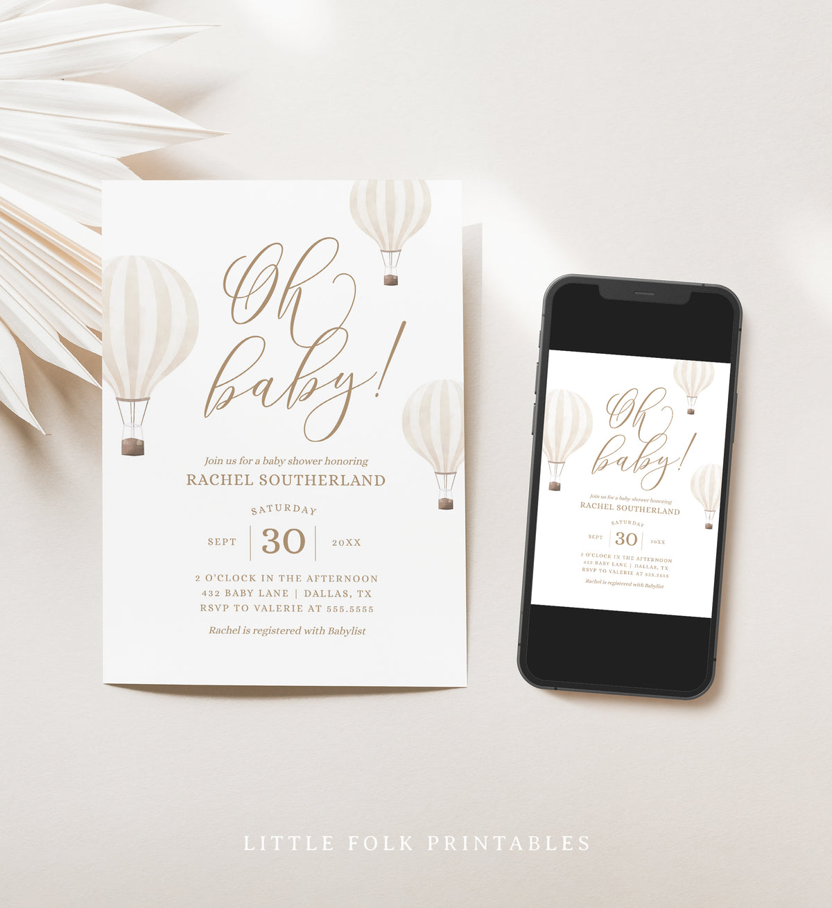 Editable Beige Hot Air Balloon Baby Shower Invitation Bundle