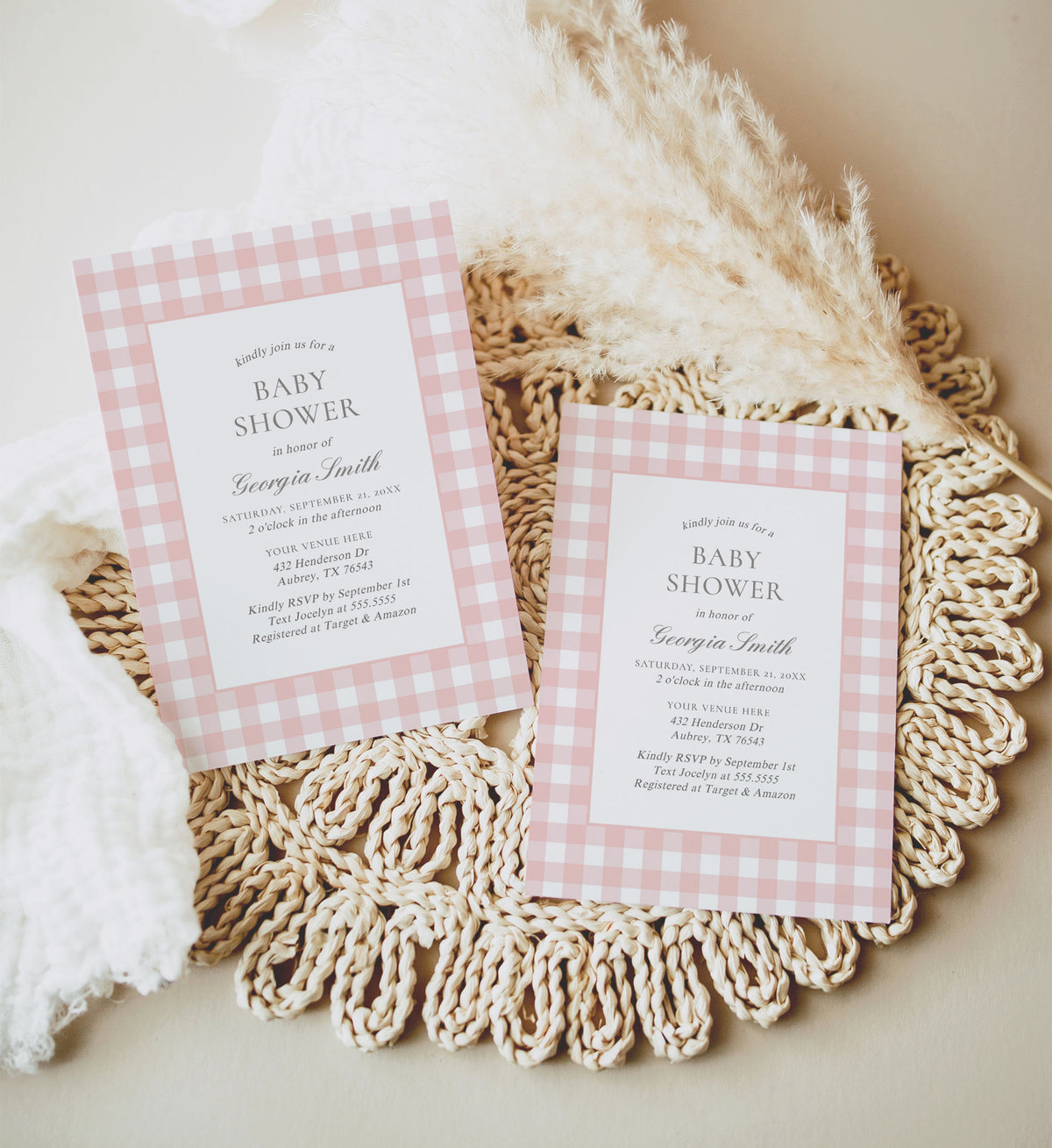 Editable Pink Gingham Baby Shower Invitation Template