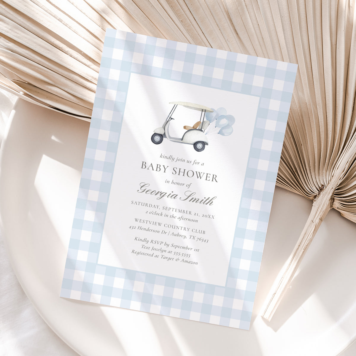 Editable Blue Gingham Golf Baby Shower Invitation Template