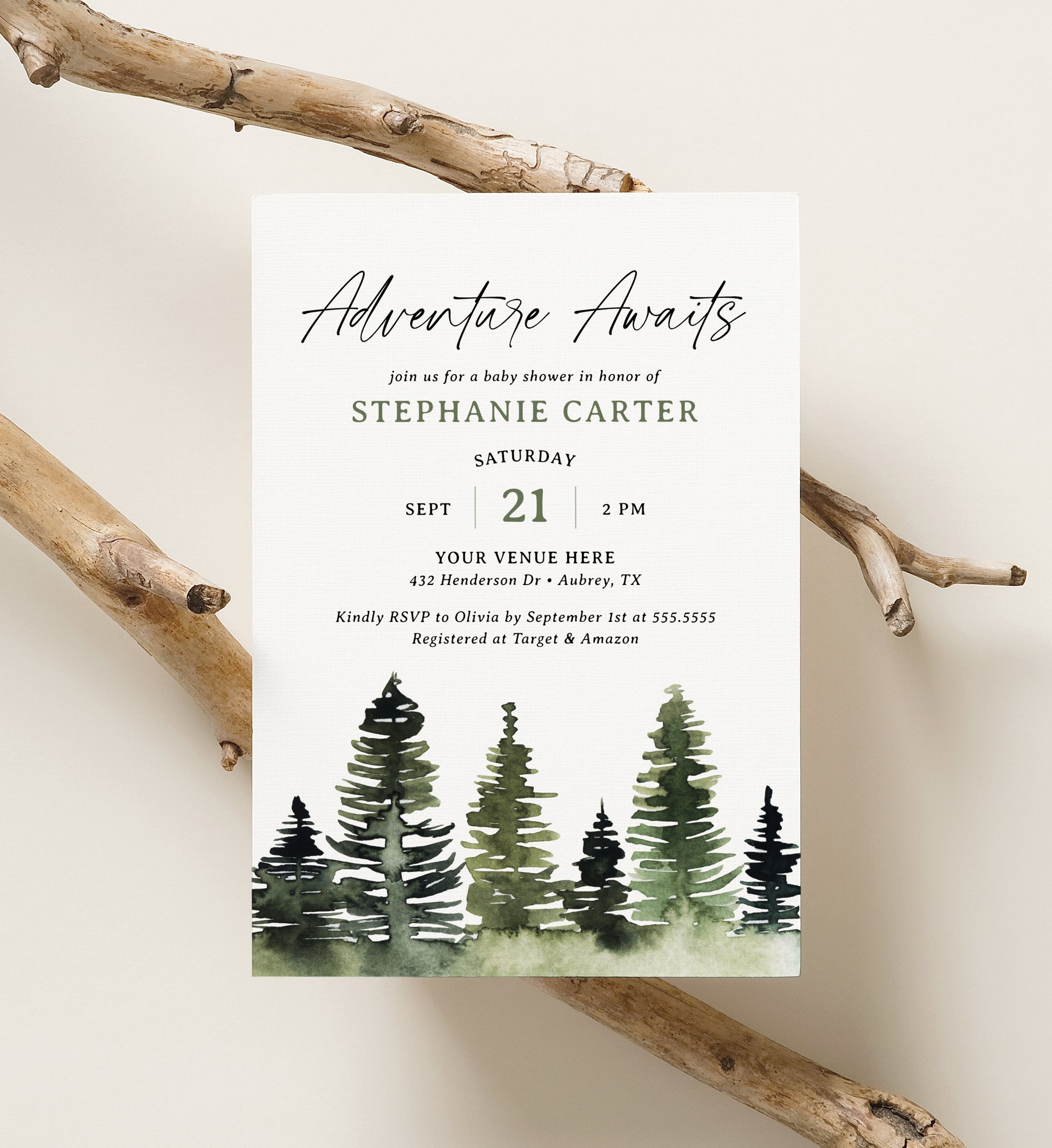 Watercolor Pine Tree Baby Shower Invitation Template