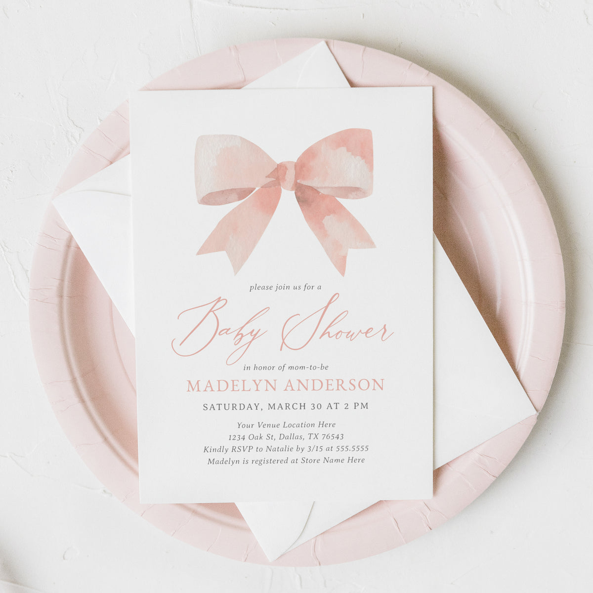 Editable Pink Bow Baby Shower Invitation Template