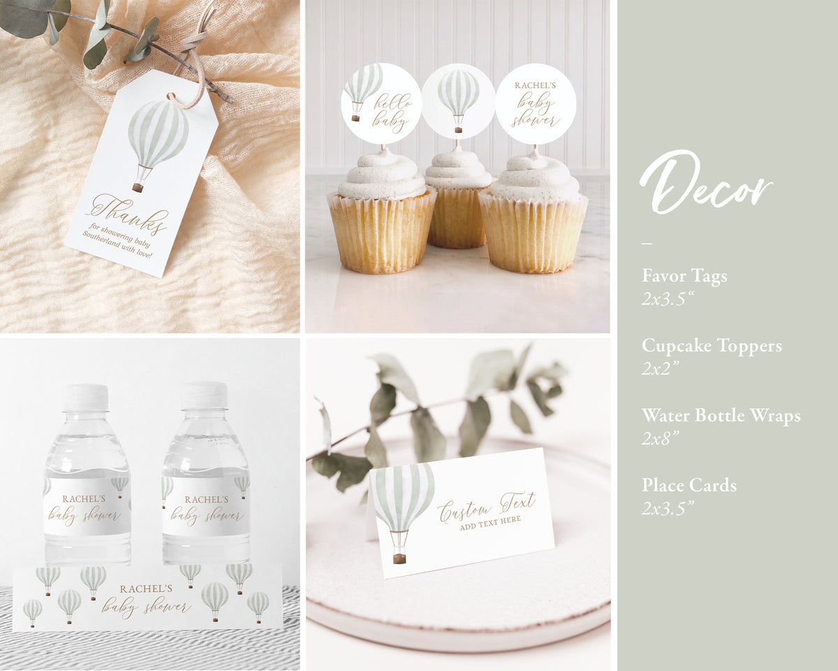 Editable Green Hot Air Balloon Baby Shower Invitation Bundle