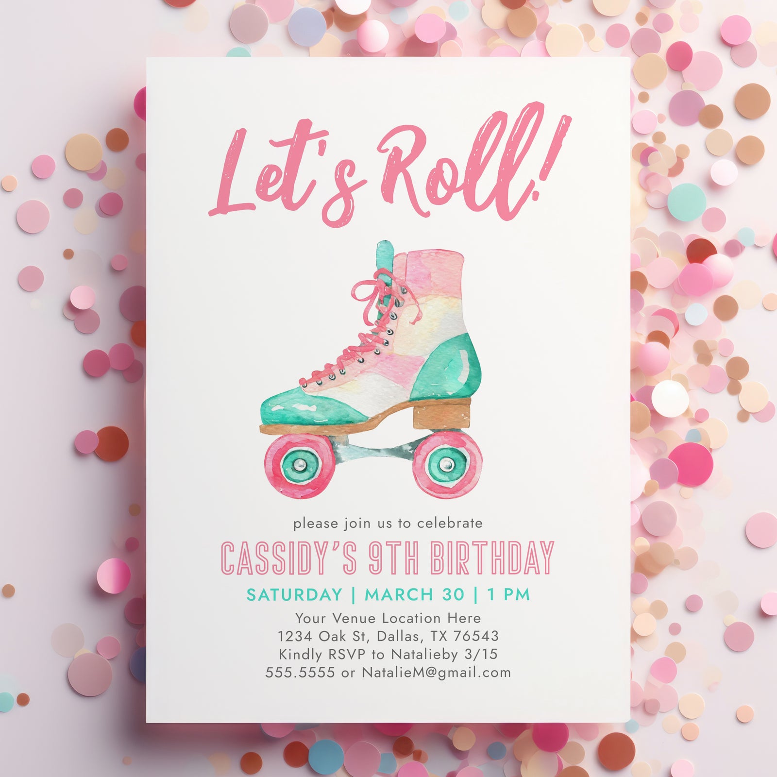 Editable Pink Roller Skate Birthday Invitation Template