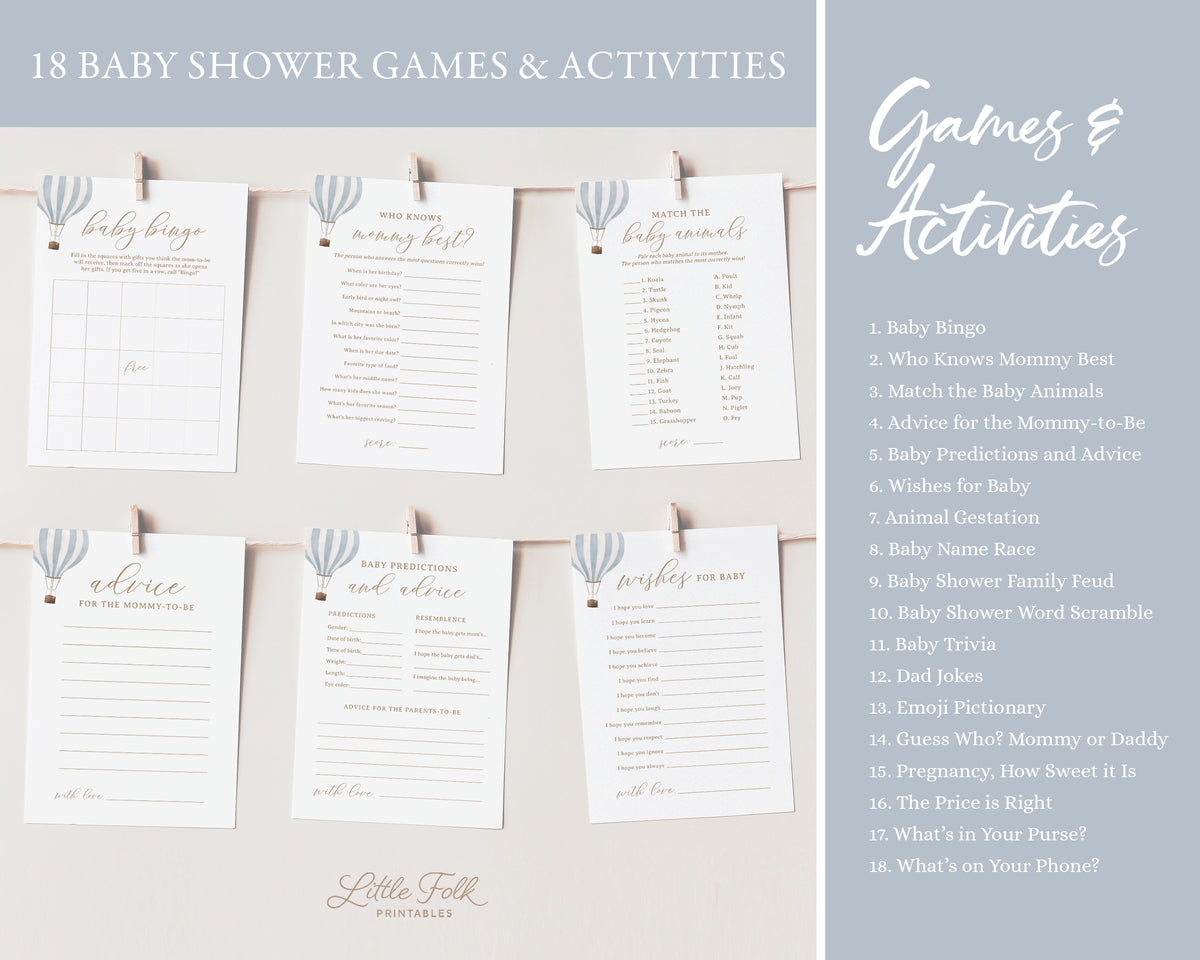 Editable Blue Hot Air Balloon Baby Shower Invitation Bundle