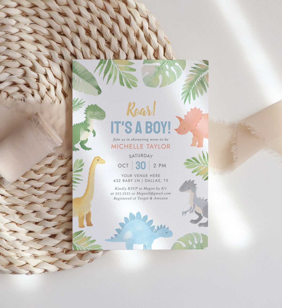 Watercolor Dinosaur Baby Shower Invitation Template