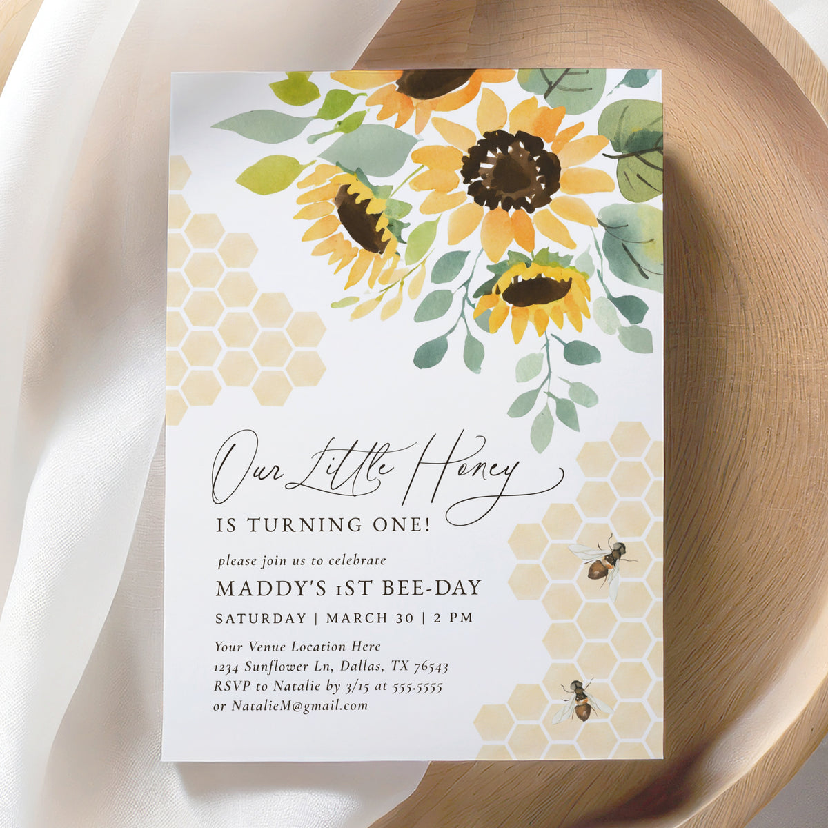Editable Little Honey Bee 1st Birthday Invitation Template