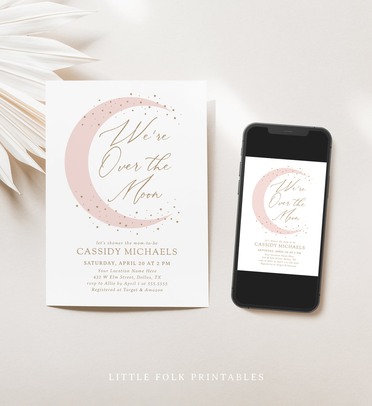Editable Pink Over the Moon Baby Shower Invitation Template