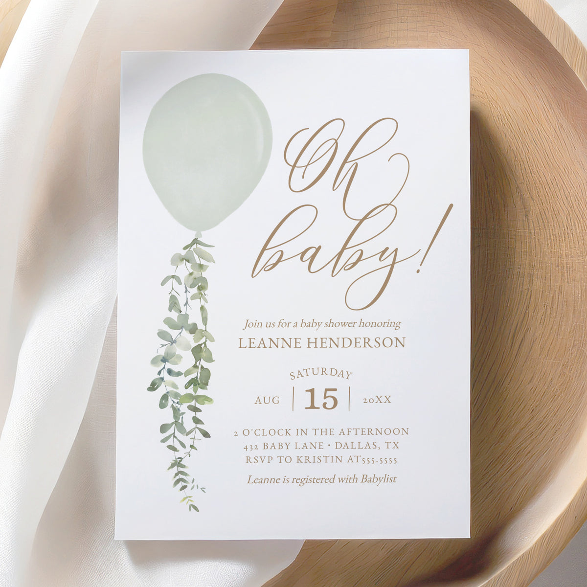 Editable Green Balloon Baby Shower Invitation Template