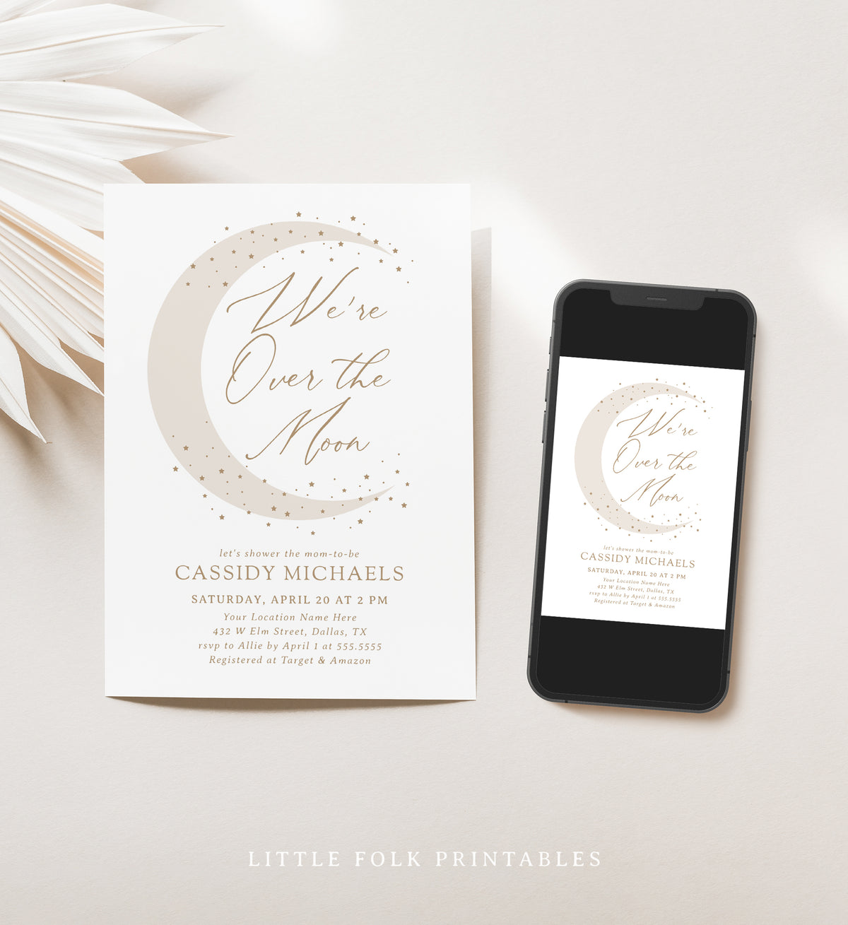 Editable Neutral Over the Moon Baby Shower Invitation Template
