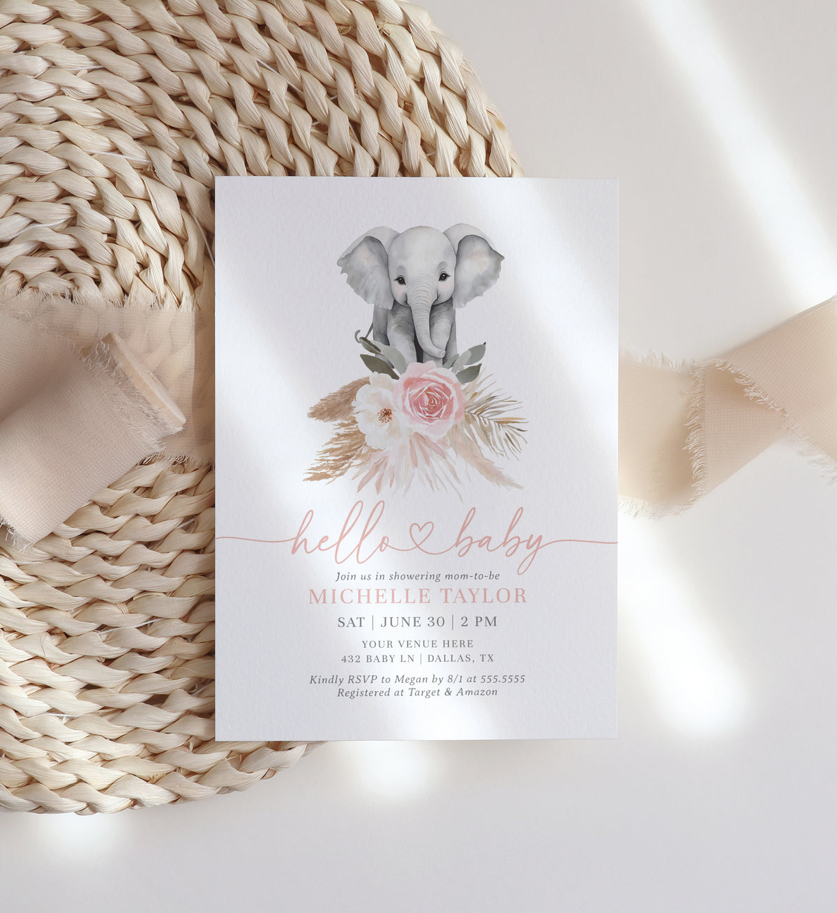 Pink Floral Pampas Grass Elephant Baby Shower Invitation