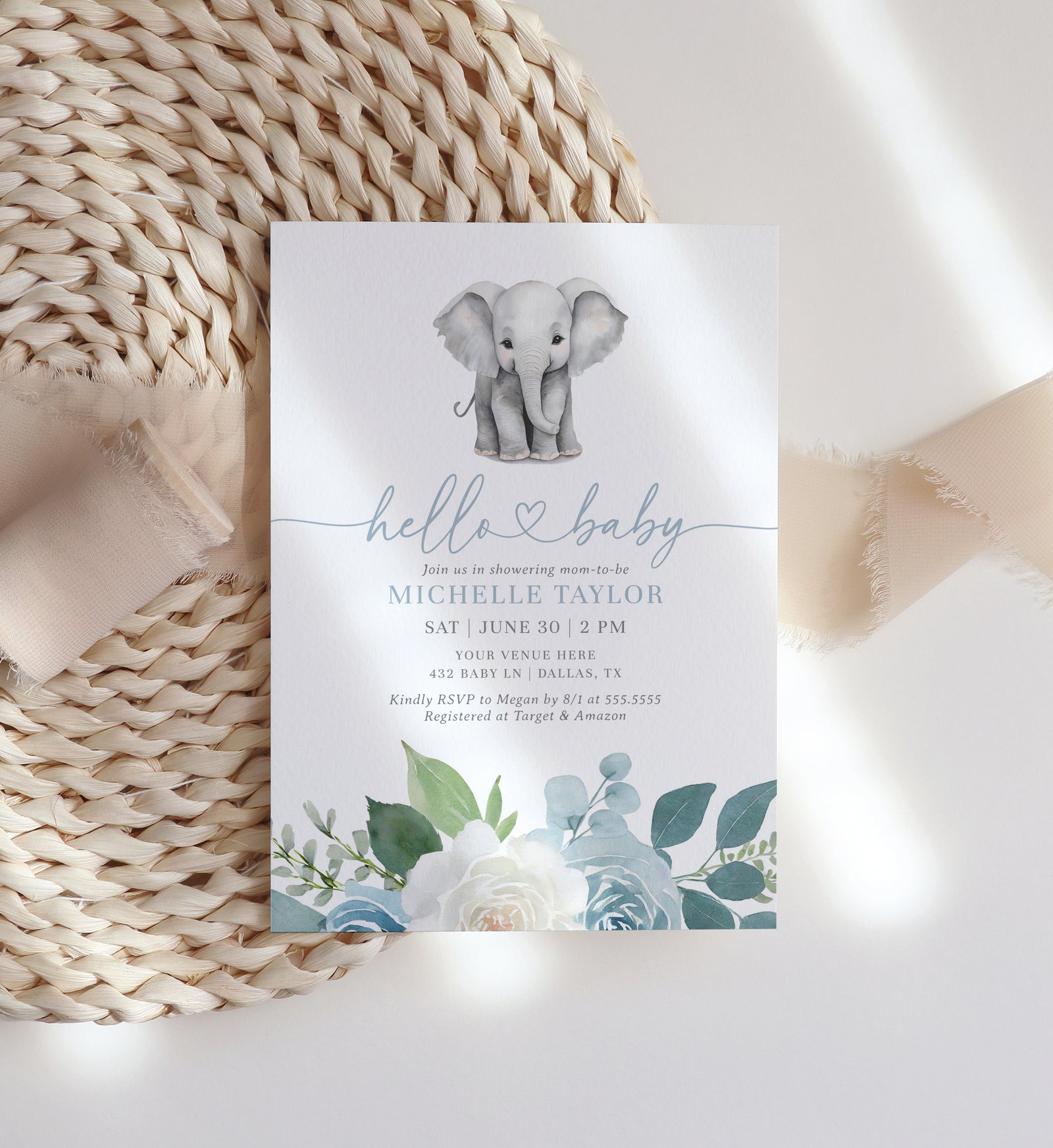 Blue Floral Elephant Baby Shower Invitation Template