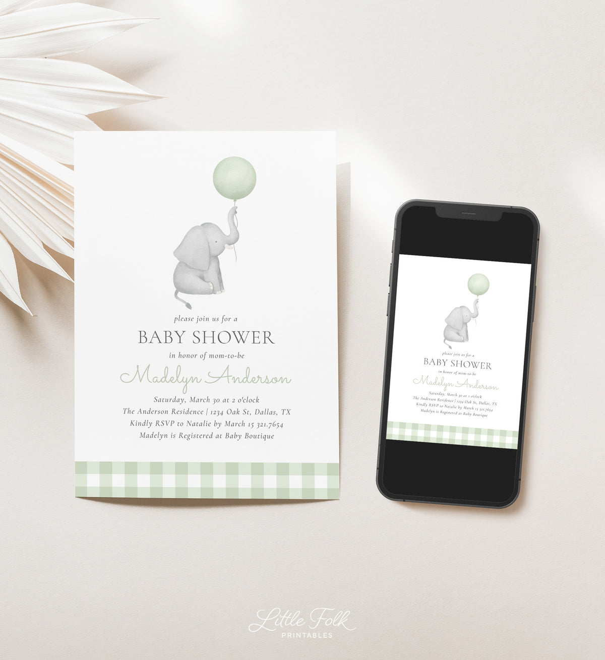 Elephant with Sage Green Balloon Invitation Template