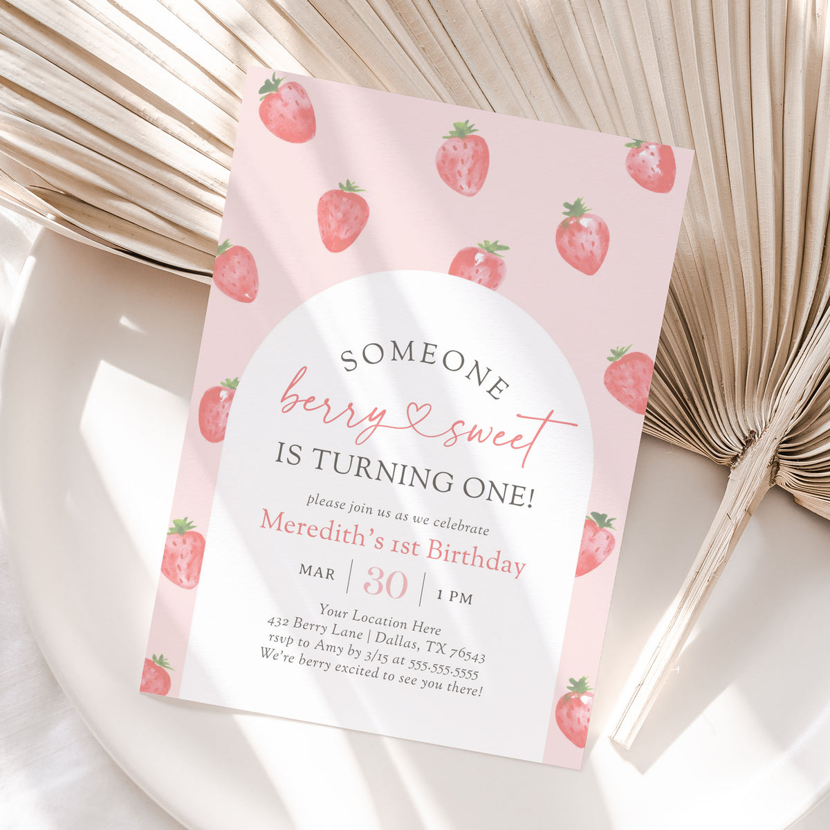 Editable Berry Sweet Strawberry Birthday Invitation Template