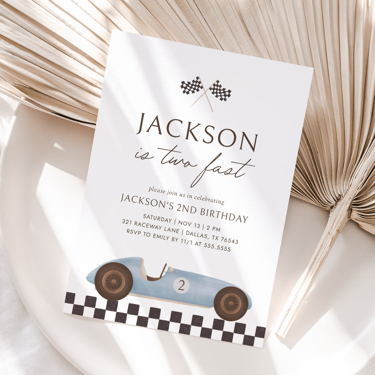 Editable Vintage Race Car 2nd Birthday Invitation Template